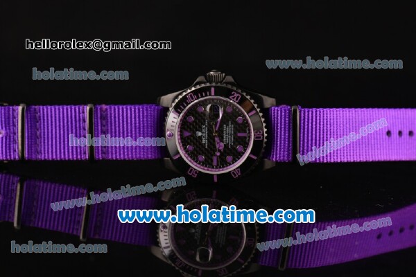 Rolex Submariner Asia 2813 Automatic PVD Case with Purple Markers Carbon Fiber Dial and Purple Nylon Strap - Click Image to Close